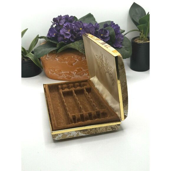 Vintage Gold & Brown Velvet Lined Hinged Jewelry Case With Floral Interior Desig - Picture 4 of 6